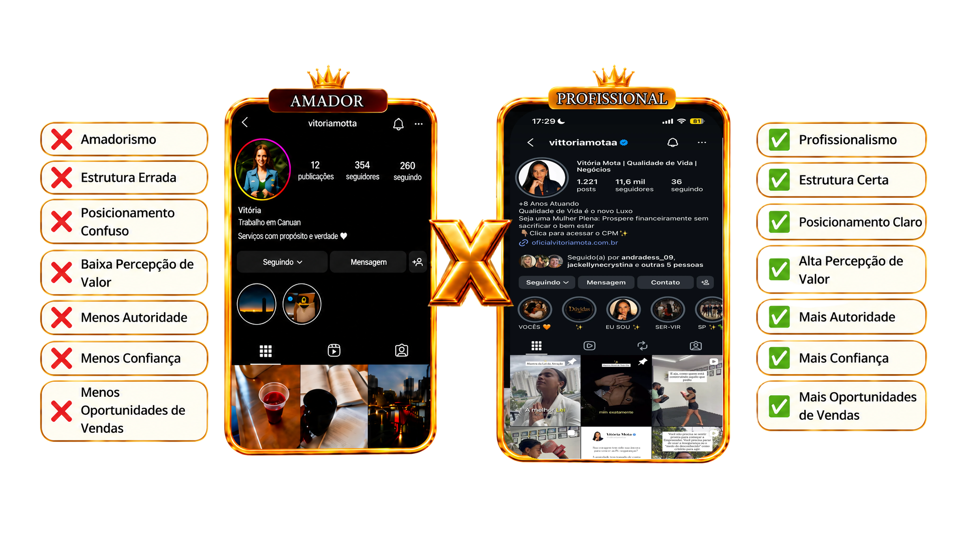 Comparativo entre um perfil amador e um perfil profissional no Instagram